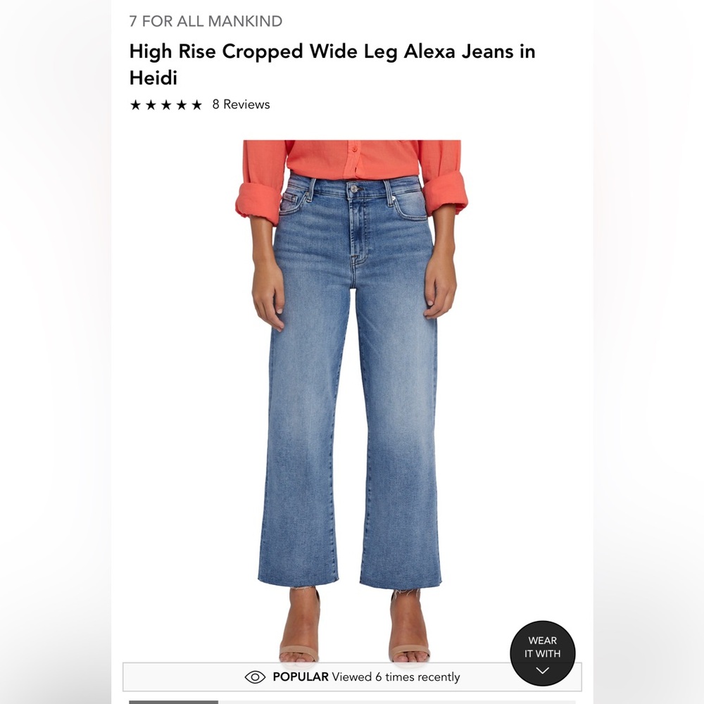 NEW 7 FOR ALL MANKIND 
Cropped Alexa Raw Cut Hem Jeans $200